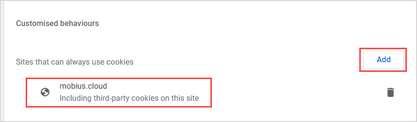 In Google Chrome next to "Sites that can always use cookies" the Add button is highlighted.